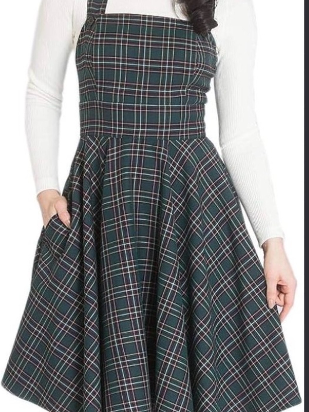 Hell Bunny Peebles Pinafore Dress Green Tartan Plaid Overall Skirt UK14 US Large